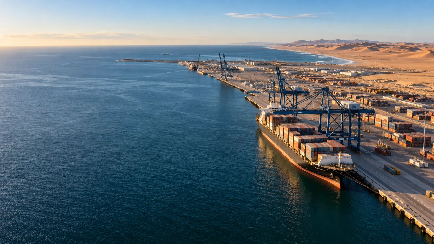 AI-generated conceptual illustration of a coastal port and logistics infrastructure.