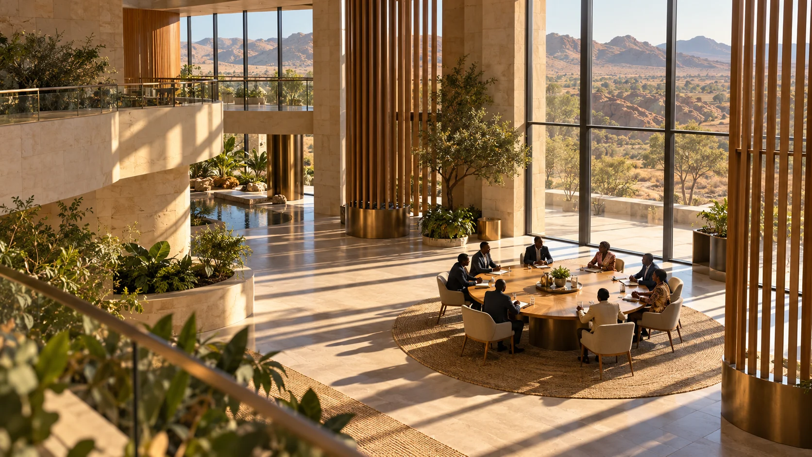 Conceptual illustration of a roundtable discussion in a sunlit Namibian-inspired civic atrium