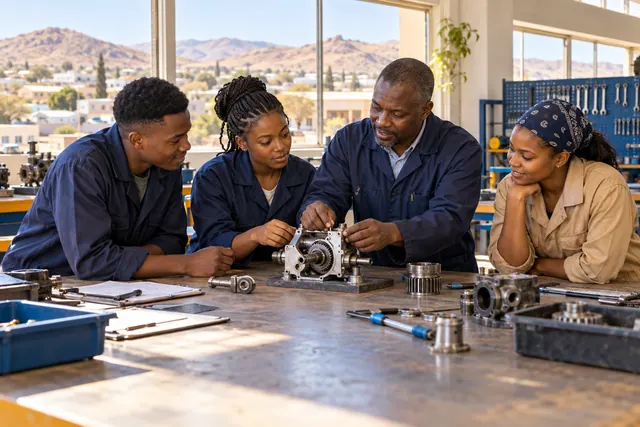 AI-generated concept of adults learning practical skills in a Namibian-inspired vocational workshop