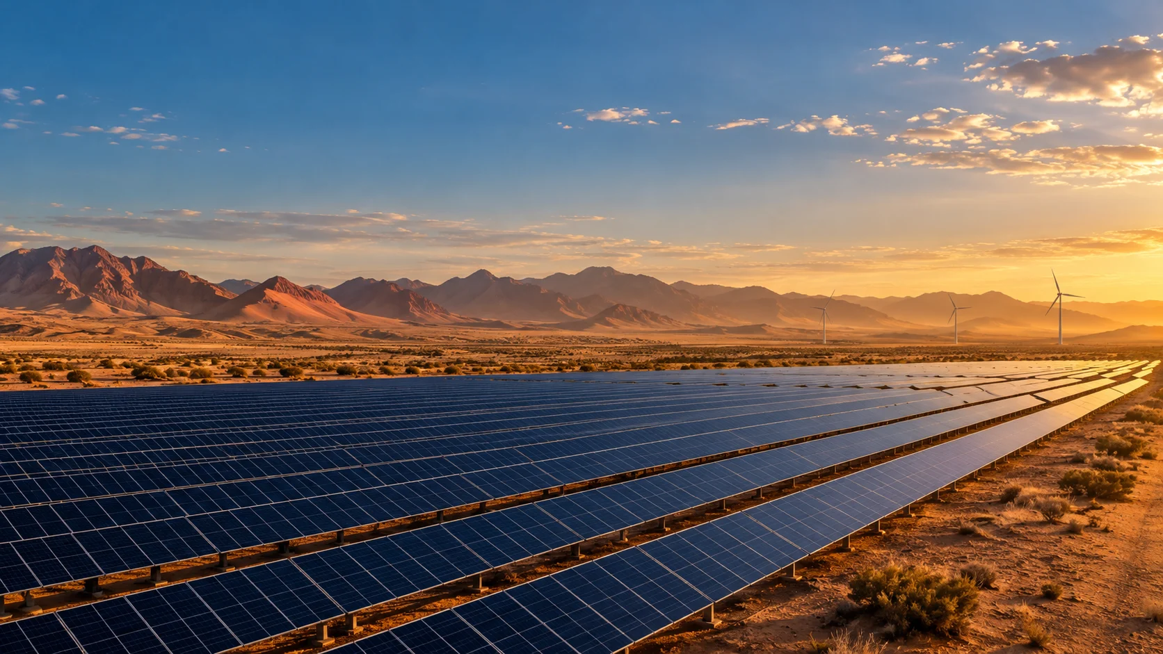 AI-generated concept illustration of solar energy in a Namibian-inspired landscape