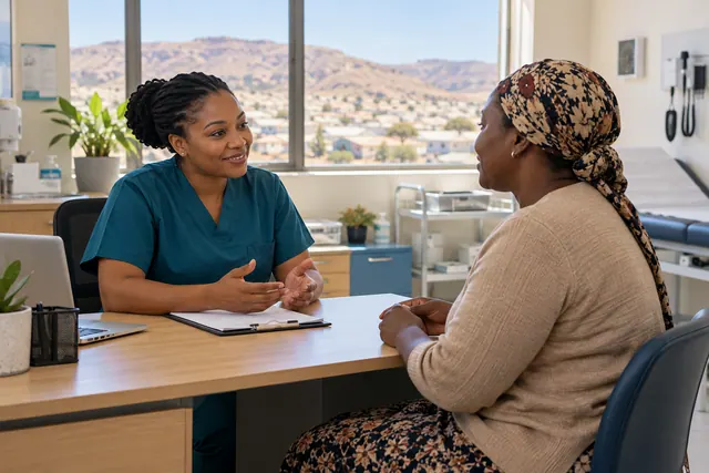 AI-generated concept of a healthcare professional consulting with an adult patient in a Namibian-inspired clinic